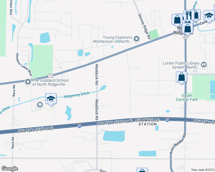 map of restaurants, bars, coffee shops, grocery stores, and more near 7405 Maddock Road in North Ridgeville