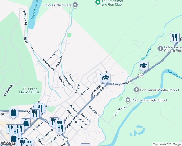 map of restaurants, bars, coffee shops, grocery stores, and more near 21 Cahoonzie Street in Port Jervis