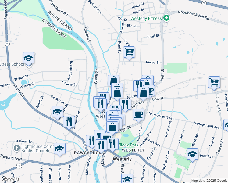 map of restaurants, bars, coffee shops, grocery stores, and more near 24 Industrial Drive in Westerly