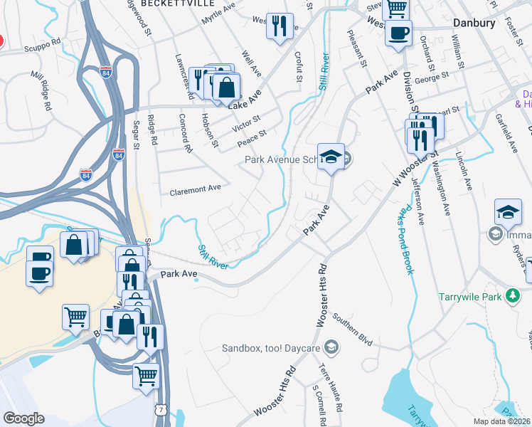 map of restaurants, bars, coffee shops, grocery stores, and more near 9 Concord Street in Danbury