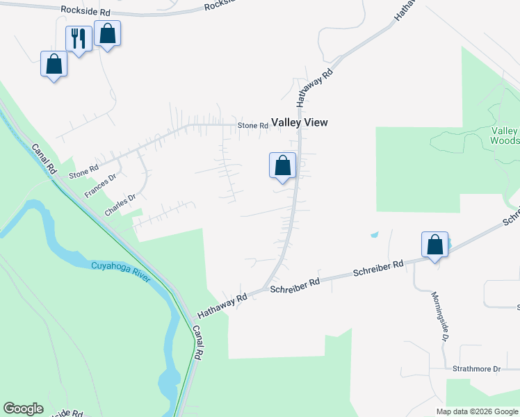 map of restaurants, bars, coffee shops, grocery stores, and more near 6748 Hathaway Road in Valley View