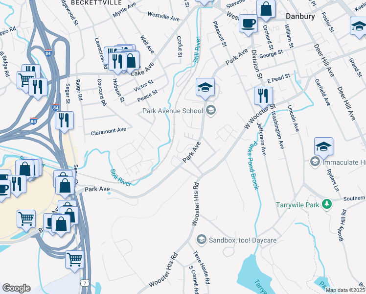 map of restaurants, bars, coffee shops, grocery stores, and more near 97 Park Avenue in Danbury