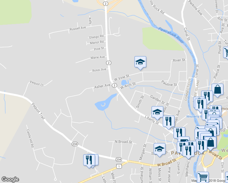 map of restaurants, bars, coffee shops, grocery stores, and more near 140 Liberty Street in Stonington