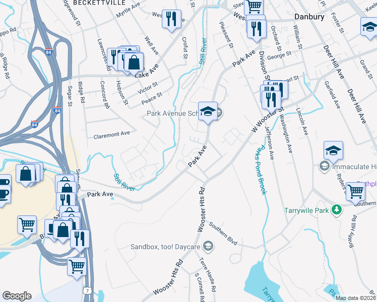 map of restaurants, bars, coffee shops, grocery stores, and more near 71 Pinewood Circle in Danbury