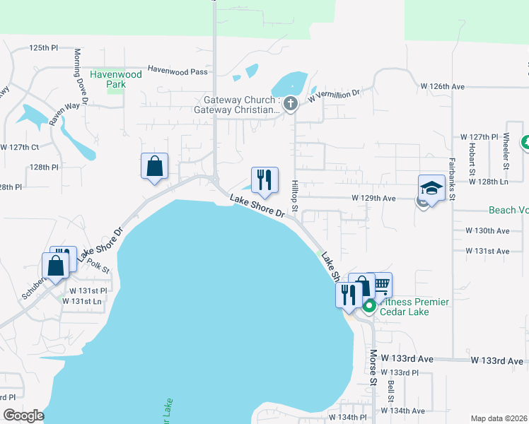 map of restaurants, bars, coffee shops, grocery stores, and more near 7617 Lake Shore Drive in Cedar Lake