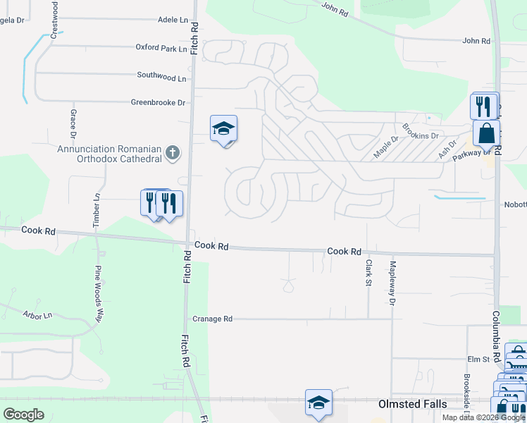 map of restaurants, bars, coffee shops, grocery stores, and more near 46 Periwinkle Drive in Olmsted Falls