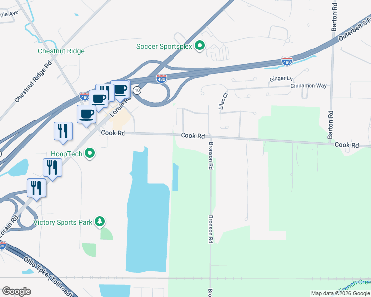 map of restaurants, bars, coffee shops, grocery stores, and more near 27389 Cook Road in Cuyahoga County