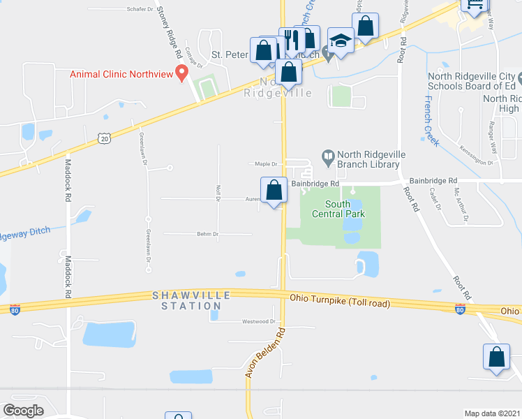map of restaurants, bars, coffee shops, grocery stores, and more near 36121 Aurensen Road in North Ridgeville