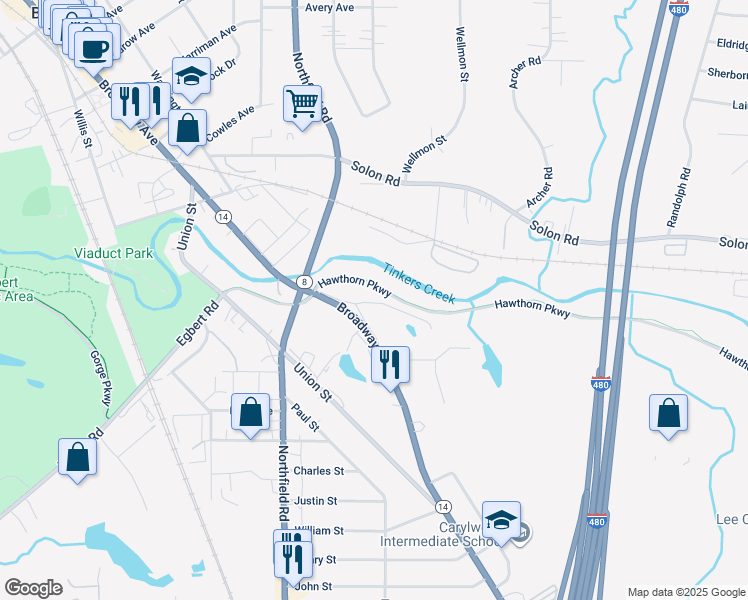 map of restaurants, bars, coffee shops, grocery stores, and more near 1095 Old Broadway in Bedford