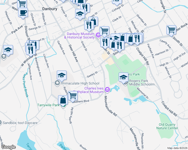 map of restaurants, bars, coffee shops, grocery stores, and more near 14 Seeley Street in Danbury
