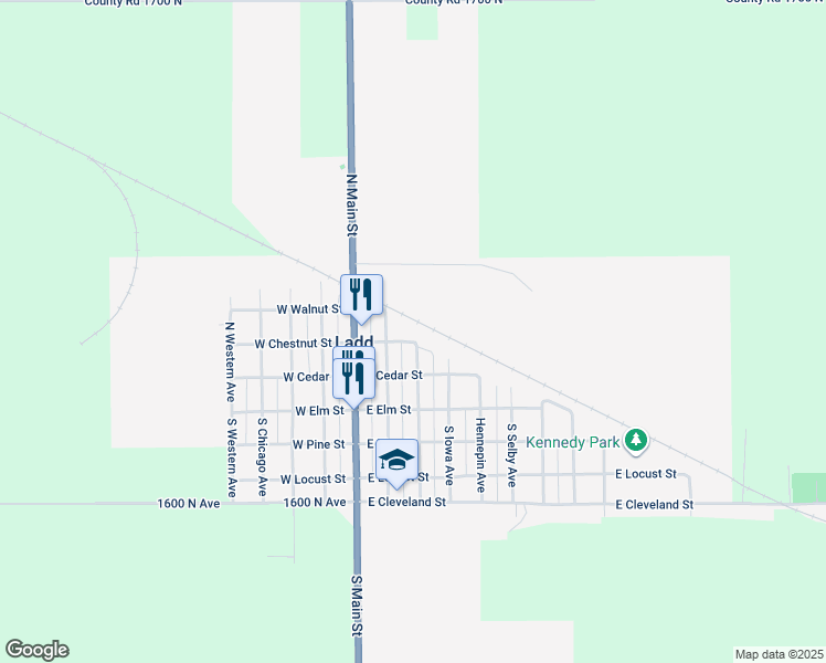 map of restaurants, bars, coffee shops, grocery stores, and more near 234 North Peru Avenue in Ladd