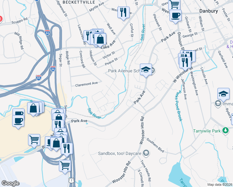 map of restaurants, bars, coffee shops, grocery stores, and more near 9 Concord Street in Danbury