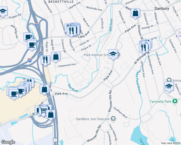 map of restaurants, bars, coffee shops, grocery stores, and more near 9 Concord Street in Danbury