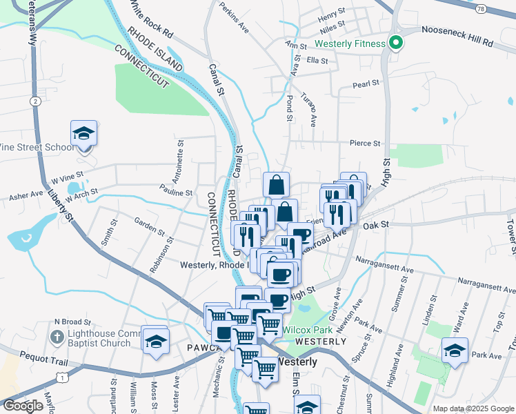 map of restaurants, bars, coffee shops, grocery stores, and more near 24 Industrial Drive in Westerly