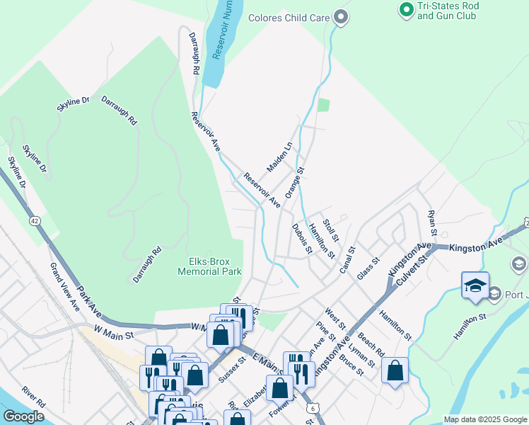 map of restaurants, bars, coffee shops, grocery stores, and more near 76 Hudson Street in Port Jervis
