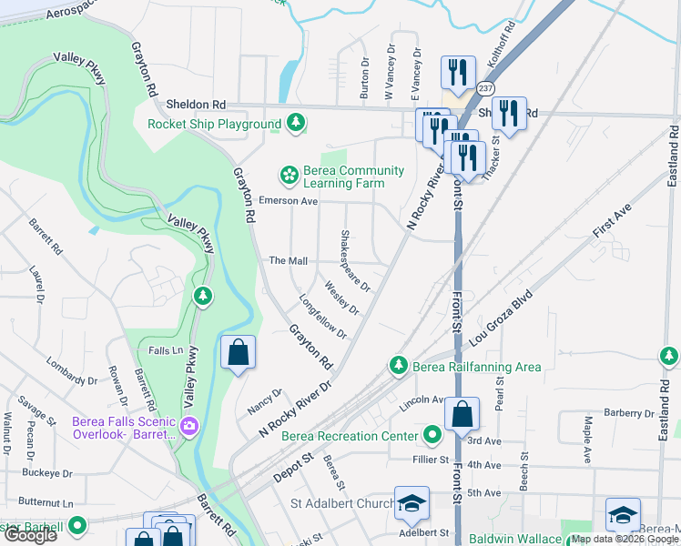 map of restaurants, bars, coffee shops, grocery stores, and more near 671 Shakespeare Drive in Berea