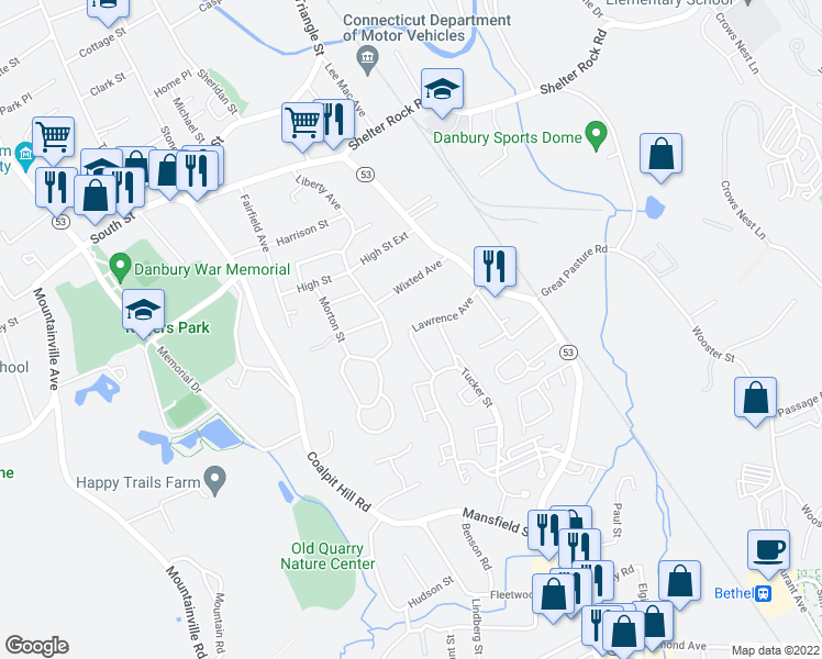 map of restaurants, bars, coffee shops, grocery stores, and more near 53 Lawrence Avenue in Danbury