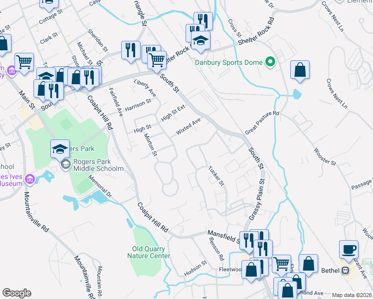 map of restaurants, bars, coffee shops, grocery stores, and more near 12 Lawrence Avenue in Danbury