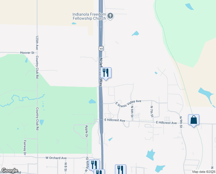 map of restaurants, bars, coffee shops, grocery stores, and more near Trail Ridge Avenue in Indianola