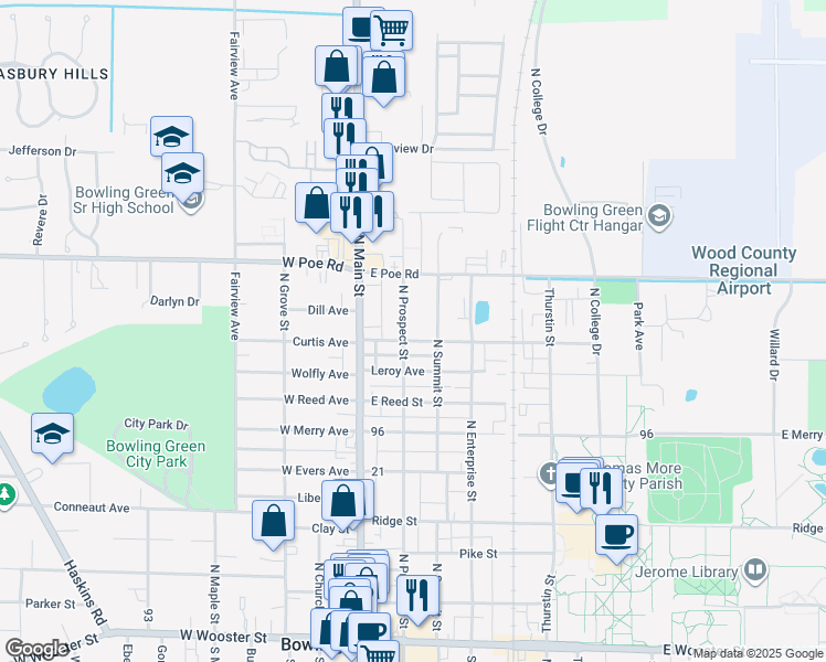 map of restaurants, bars, coffee shops, grocery stores, and more near 140 Frazee Avenue in Bowling Green