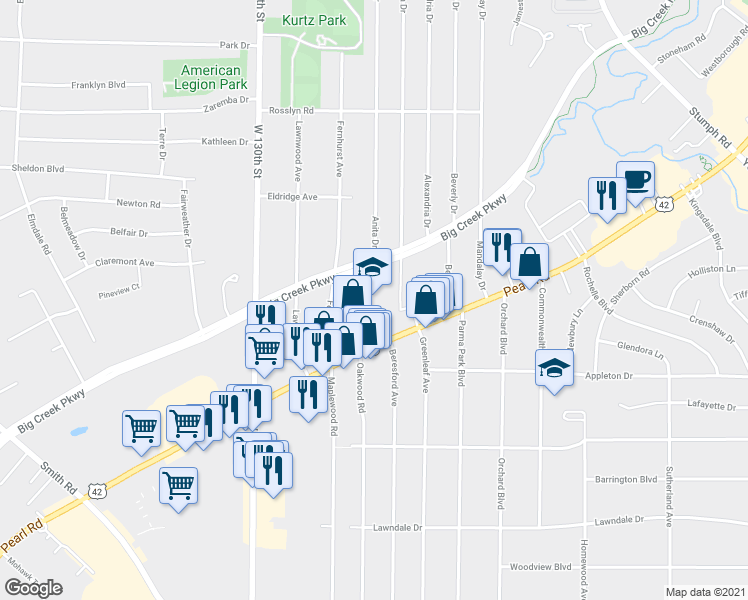 map of restaurants, bars, coffee shops, grocery stores, and more near 6620 Pearl Road in Parma Heights