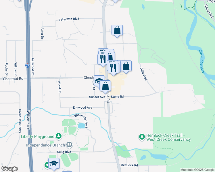map of restaurants, bars, coffee shops, grocery stores, and more near Ohio 21 in Independence
