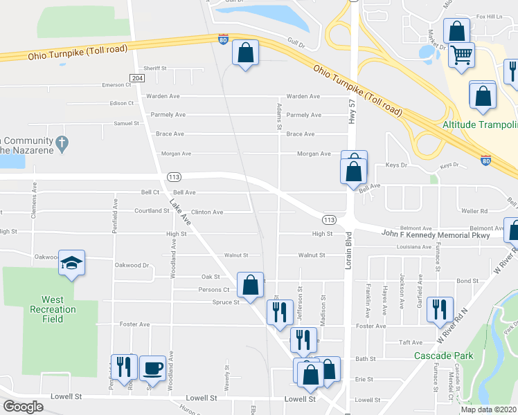 map of restaurants, bars, coffee shops, grocery stores, and more near 202 Clinton Avenue in Elyria