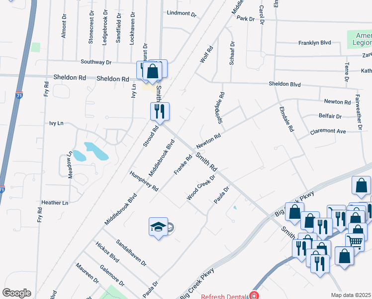 map of restaurants, bars, coffee shops, grocery stores, and more near 6780 Franke Road in Middleburg Heights