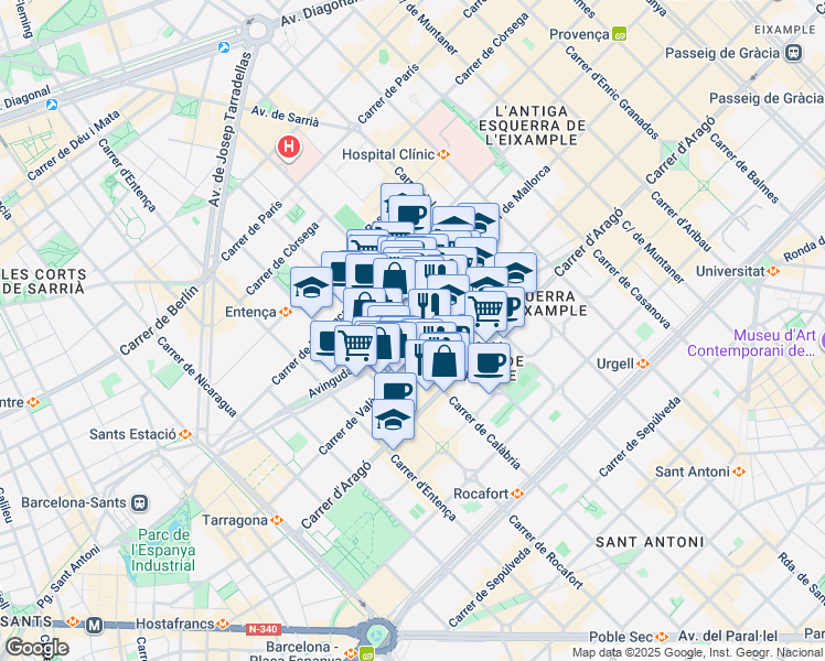 map of restaurants, bars, coffee shops, grocery stores, and more near 81 Avinguda de Roma in Barcelona