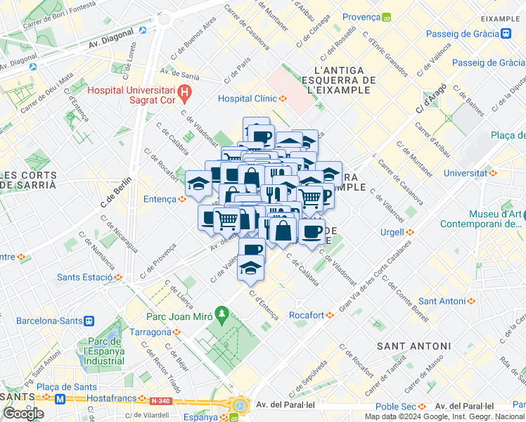 map of restaurants, bars, coffee shops, grocery stores, and more near 81 Avinguda de Roma in Barcelona