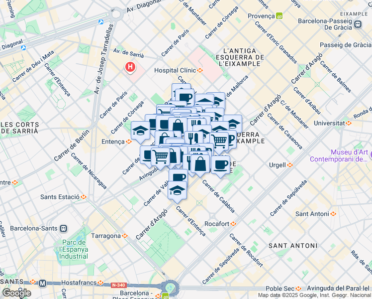 map of restaurants, bars, coffee shops, grocery stores, and more near 81 Avinguda de Roma in Barcelona