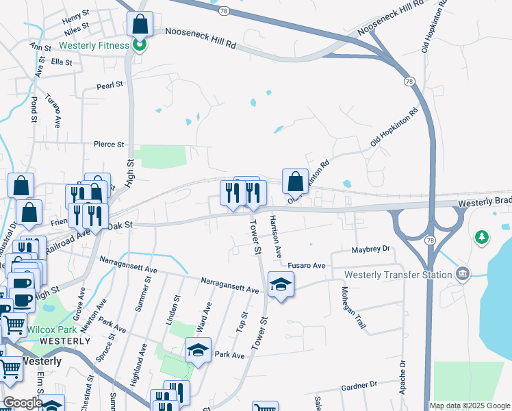 map of restaurants, bars, coffee shops, grocery stores, and more near 87 Oak Street in Westerly