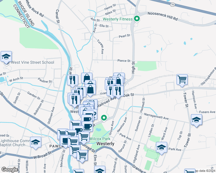 map of restaurants, bars, coffee shops, grocery stores, and more near 54 Friendship Street in Westerly