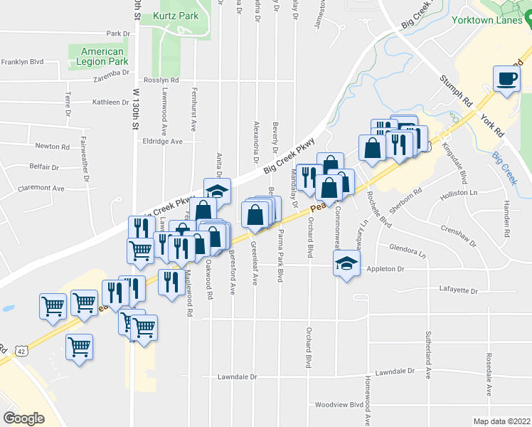 map of restaurants, bars, coffee shops, grocery stores, and more near in Parma Heights