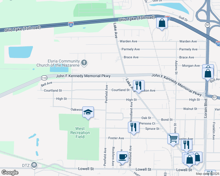 map of restaurants, bars, coffee shops, grocery stores, and more near 169 Courtland Street in Elyria
