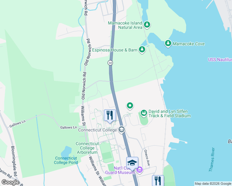 map of restaurants, bars, coffee shops, grocery stores, and more near 405 Mohegan Avenue Parkway in New London