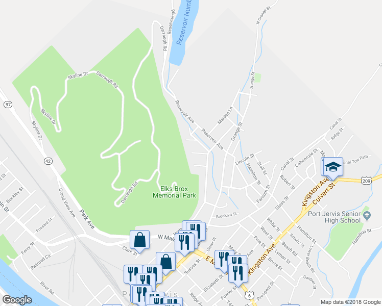 map of restaurants, bars, coffee shops, grocery stores, and more near 98 Pearl Street in Port Jervis
