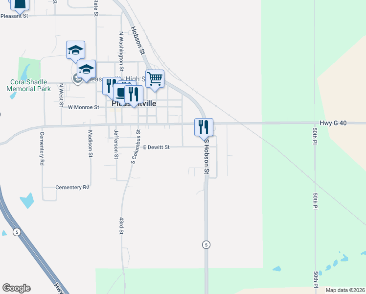 map of restaurants, bars, coffee shops, grocery stores, and more near 601 East Dewitt Street in Pleasantville