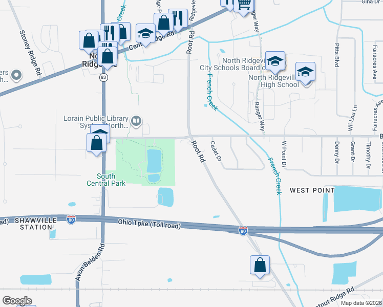 map of restaurants, bars, coffee shops, grocery stores, and more near 7350 Root Road in North Ridgeville