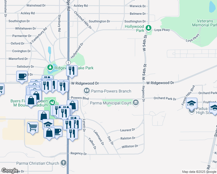 map of restaurants, bars, coffee shops, grocery stores, and more near 6401 West Ridgewood Drive in Parma