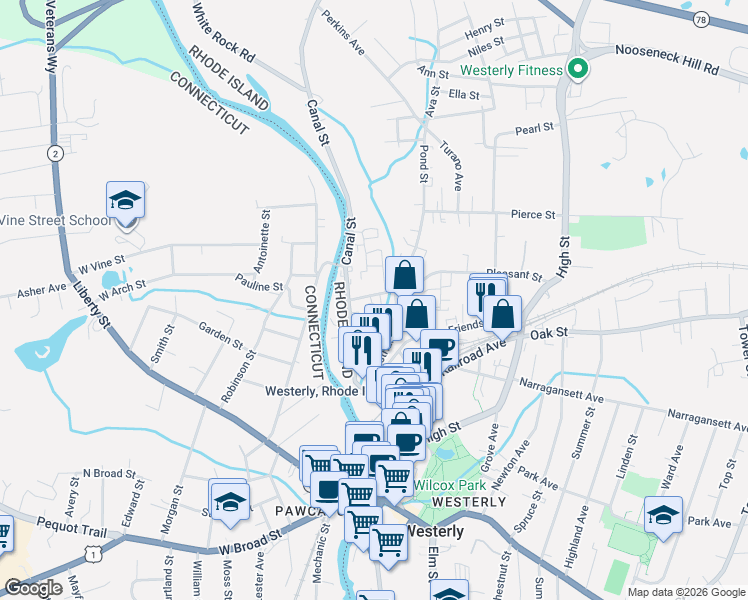 map of restaurants, bars, coffee shops, grocery stores, and more near 45 Canal Street in Westerly