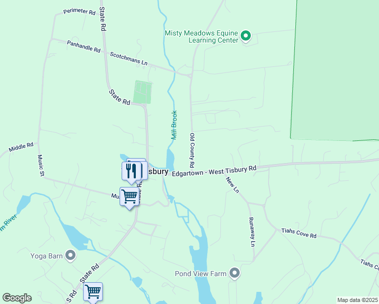 map of restaurants, bars, coffee shops, grocery stores, and more near 709 Old County Road in West Tisbury