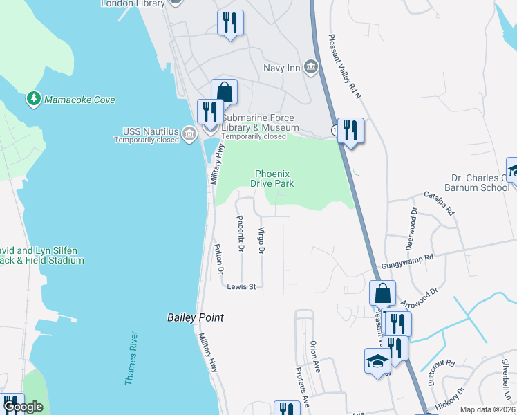 map of restaurants, bars, coffee shops, grocery stores, and more near 217 Virgo Drive in Groton