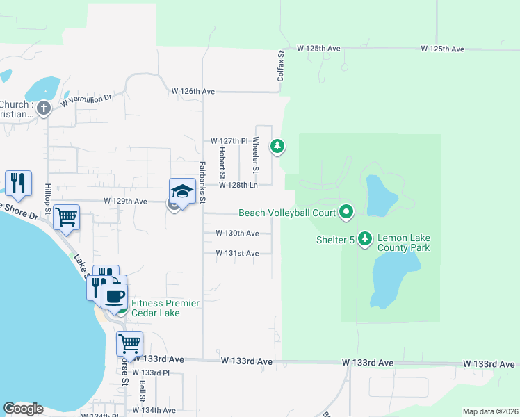 map of restaurants, bars, coffee shops, grocery stores, and more near 12986-12988 Colfax St in Cedar Lake