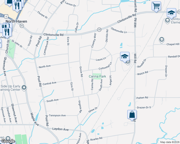 map of restaurants, bars, coffee shops, grocery stores, and more near 10 Carina Road in North Haven