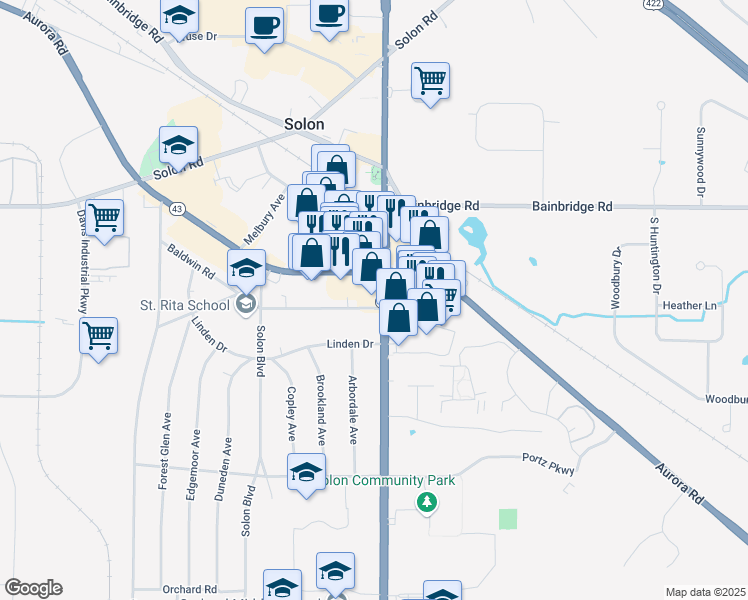 map of restaurants, bars, coffee shops, grocery stores, and more near 6440 Som Center Road in Solon