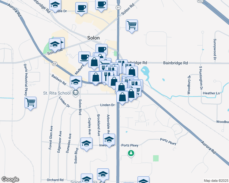 map of restaurants, bars, coffee shops, grocery stores, and more near 6440 Som Center Road in Solon