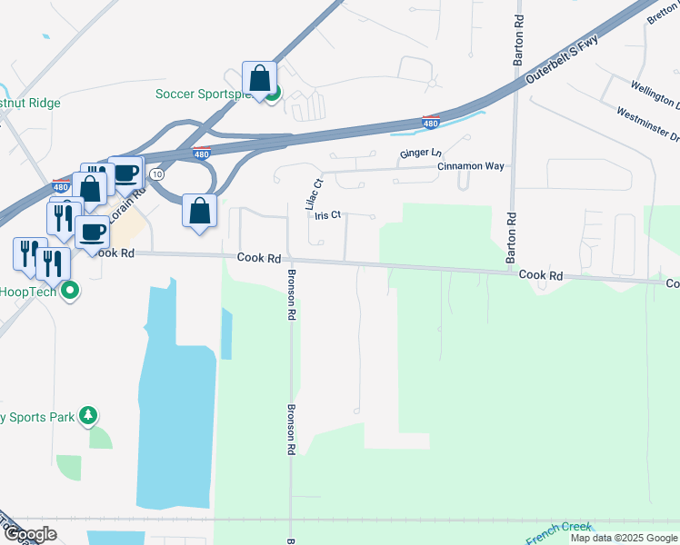 map of restaurants, bars, coffee shops, grocery stores, and more near 27319 Cook Road in Olmsted Falls