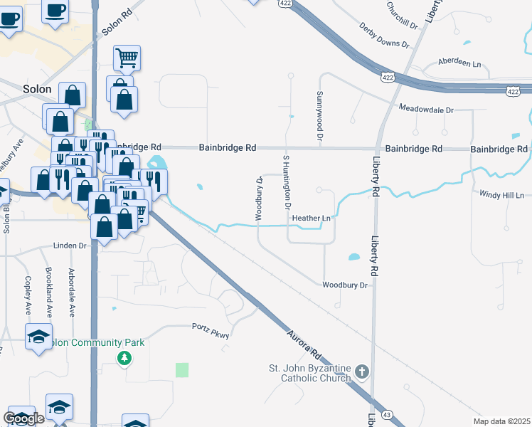 map of restaurants, bars, coffee shops, grocery stores, and more near 6437 Woodbury Drive in Solon