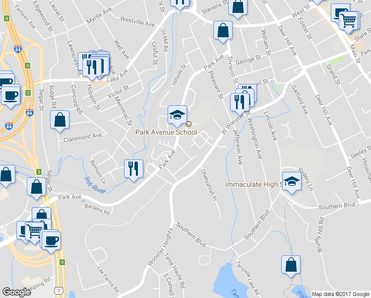 map of restaurants, bars, coffee shops, grocery stores, and more near 19 Greenfield Avenue in Danbury